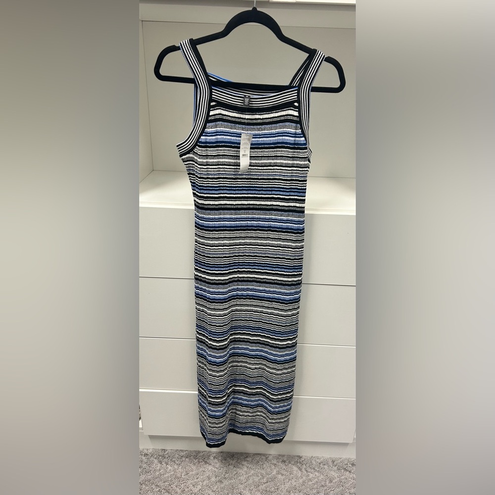 White House Black Market Blue and Black Striped Midi Dress